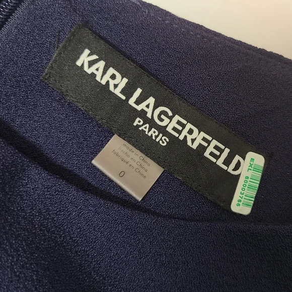 KARL LAGERFELD PARIS Navy Blue Scuba Crêpe Sheath Ruffle Sleeve Dress Sz S - Picture 6 of 16